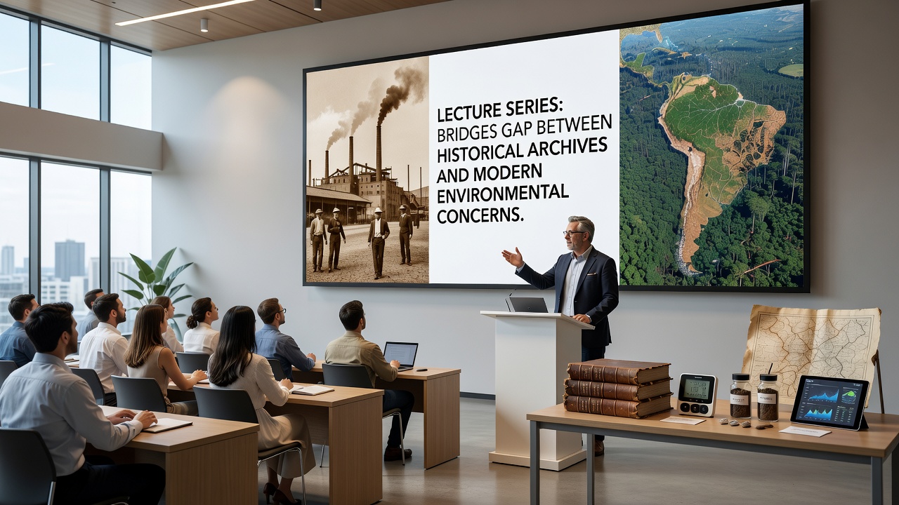 Archivist and environmental scientist reviewing digitized historical weather logs during a lecture preparation session