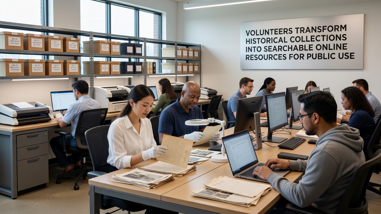 Group of volunteers reviewing digitized historical maps and entering metadata into an online database system